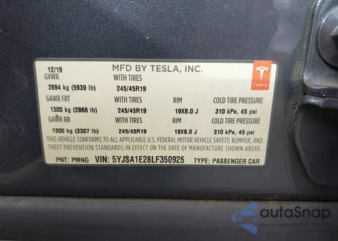 2020 Tesla Model S Long Range Dual Motor All-Wheel Drive/Long Range Plus Dual Motor All-Wheel Drive из США, поврежденный, VIN 5YJSA1E28LF350925